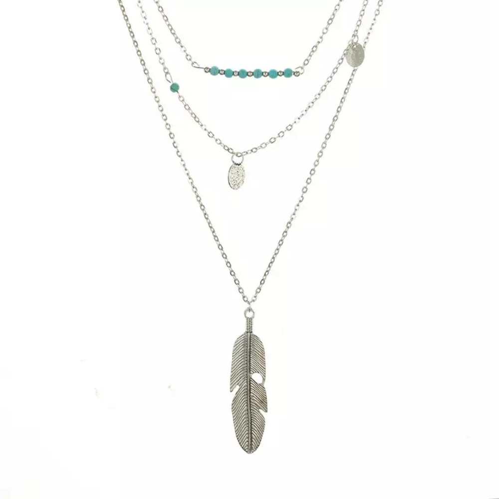 NEW Boho Turquoise Silver Feather Layered Necklace - Picture 3 of 8